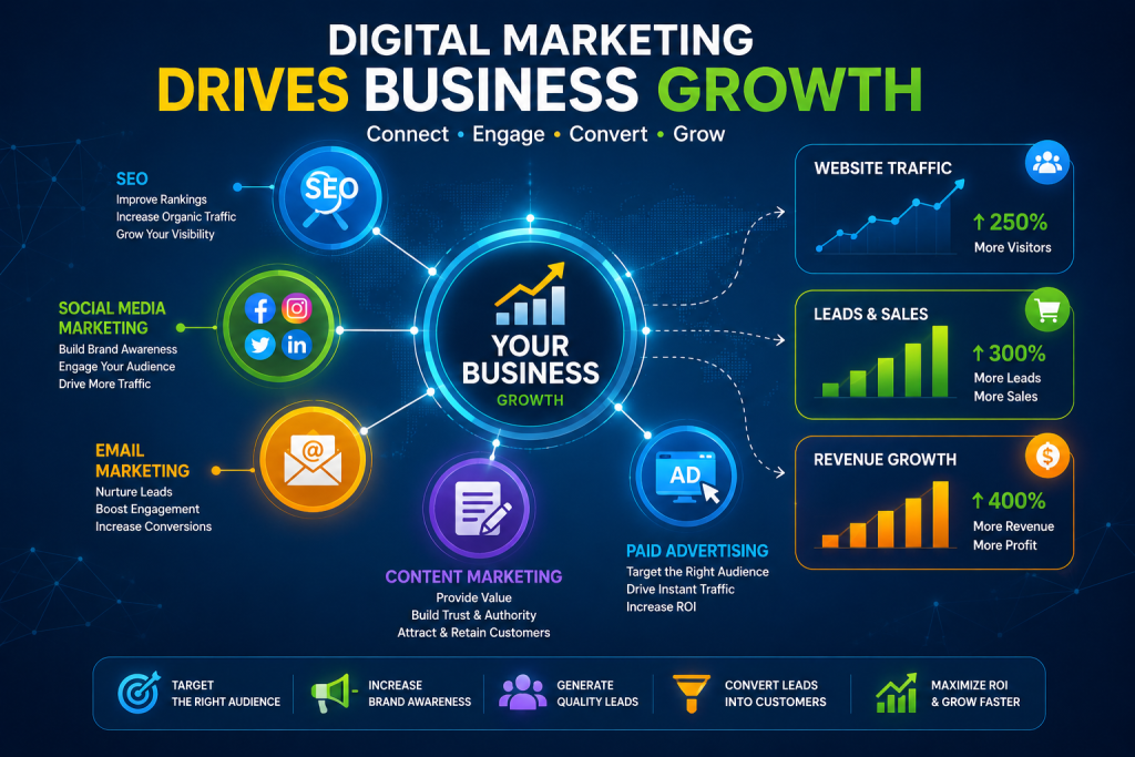 Professional digital marketing agency team managing SEO, social media marketing, and online advertising campaigns.